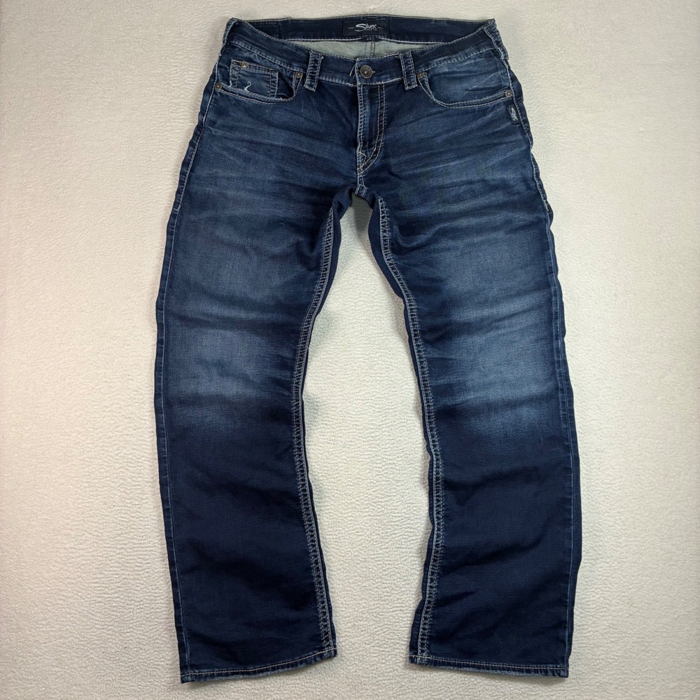Silver Jeans Zac Bootcut Men 34x34 Blue Faded Whiskered Western Relaxed Denim